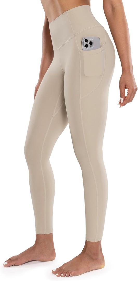 Workout Leggings with Pockets for Women High Waist Yoga Pants 25"/28" Cream Soft Lightweight Athletic Gym Tights (X-Small, Khaki)