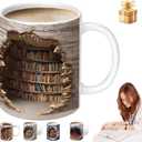 Library Bookshelf Mug, Bookshelf Design Ceramic Coffee Cup with 3D Visual Effect, Book Lovers Gifts for Readers, Librarians, Writers & Book Clubs, 11oz Novelty Mug for Birthday Christmas (Brwon)