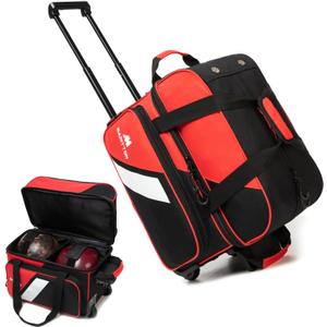 Bowling Bag with Wheels Double Roller 2 Ball Bowling Separate Shoe Compartment and Oversized Accessory Pocket, 36.6" Extendable Handle. (RED)