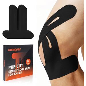 12 Pack Precut Kinesiology Tape for Knees & Shoulder, Knee Support & Stability for Sports, Waterproof & Elastic Tape for Knee Pain Relief, Breathable Hypoallergenic & Latex-Free, Black