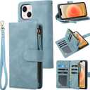 RANYOK Wallet Case Compatible with iPhone 13 Mini (5.4 inch), Premium PU Leather Zipper Flip Folio Wallet RFID Blocking with Wrist Strap Kickstand Protective Case (Baby Blue)