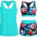 Yonique 3 Piece Athletic Tankini Swimsuits for Women with Shorts Swim Tank Tops with Sports Bra and Boyshorts Bathing Suits (Medium, Aqua Colorful Floral)