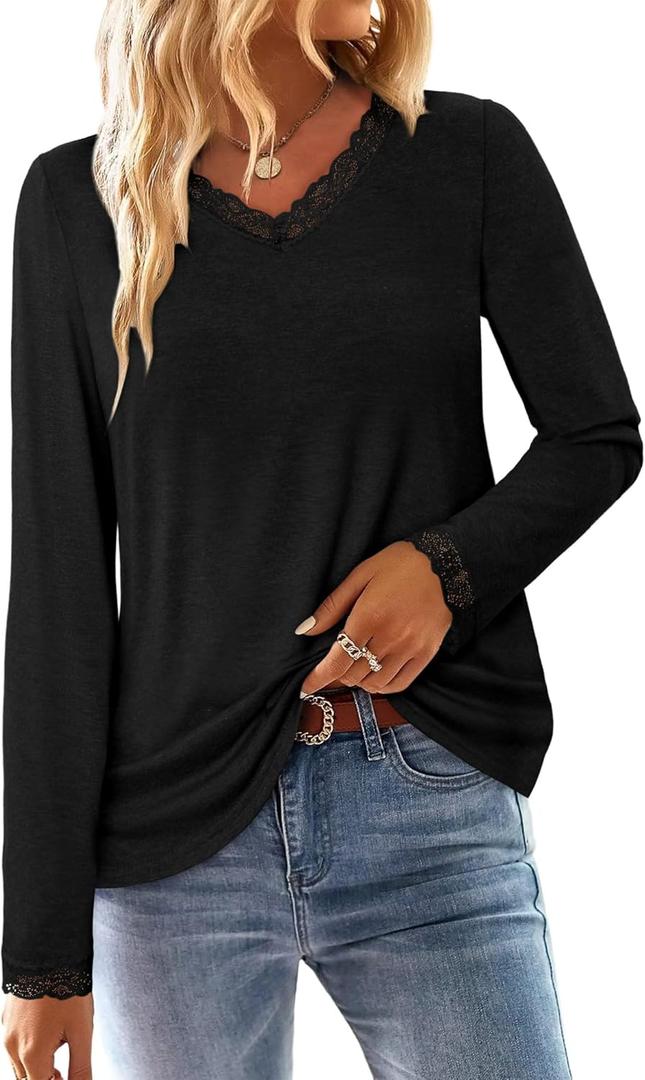 CRAZY GRID Women's Long Sleeve Shirts Casual Tops Lace Neckline Fall Fashion Clothes Winter Outfits Basic Tunic 2026 (X-Large, A black)