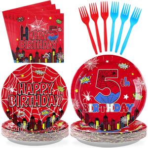 Grencian 96Pcs Cartoon Spider Birthday Party Decorations Red Blue Spider 5th Birthday Party Plates Disposable Super Theme Paper Tableware Set for Spider Kids 5 Year Old Supplies, Serves 24