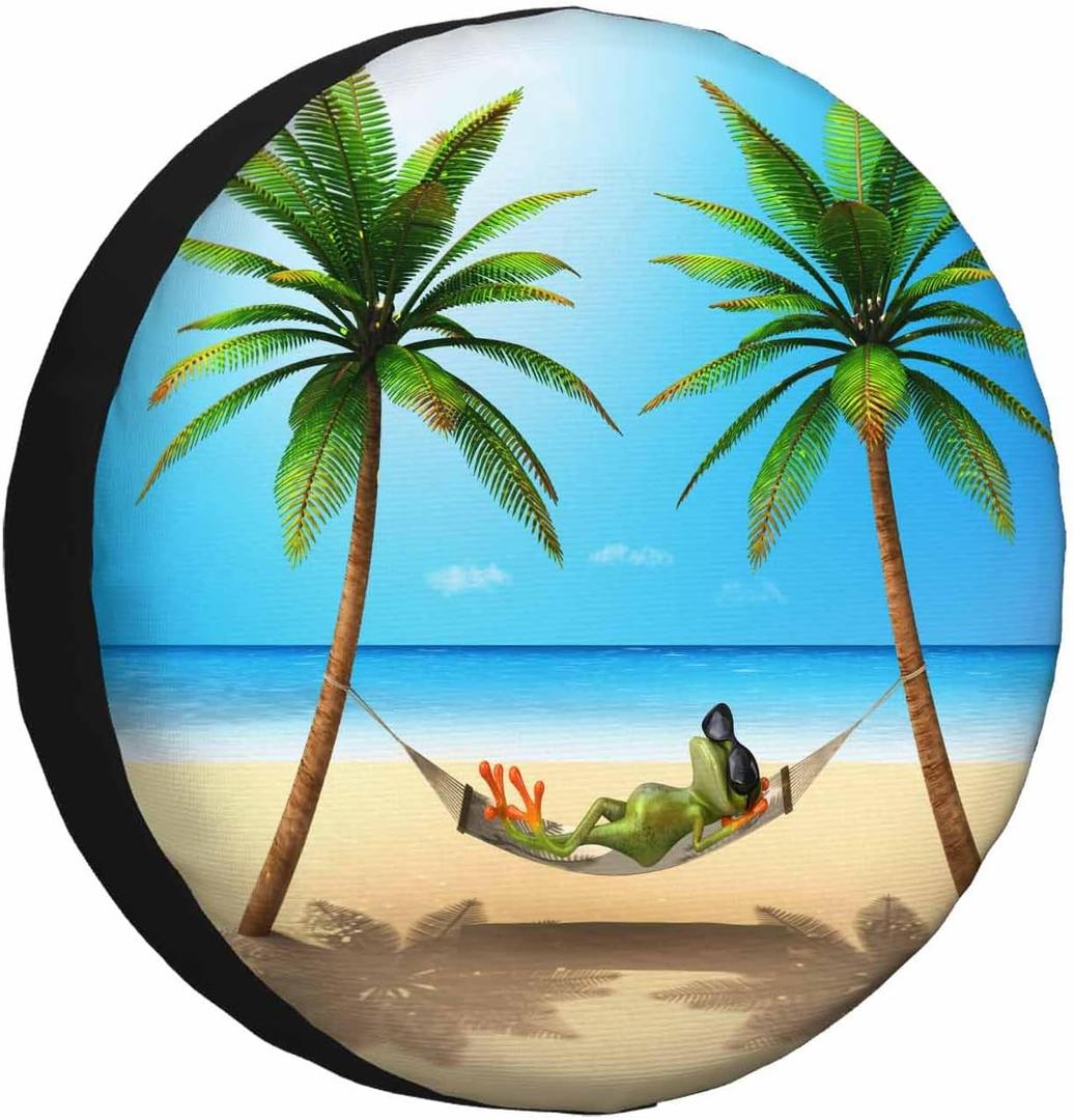 Green Frog Spare Tire Cover Beach Sunbath Hammok Relax Palm Tree Sky Weatherproof Universal Wheel Protectors Camper Tire Covers for Trailer Rv Travel(17 inch) (17" fits tire cover diameter 31"-35")