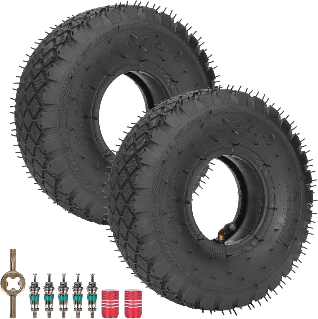 RUTU 2 Pack 4.10/3.50-4 Replacement Tire+Inner Tube with Bent Valve Stem for Lawn Mower Hand Truck Wheelbarrow Trailers Dollies Wagon Snowblower Compressor Generator Chipper All Purpose Utility (OFF-ROAD TIRES)