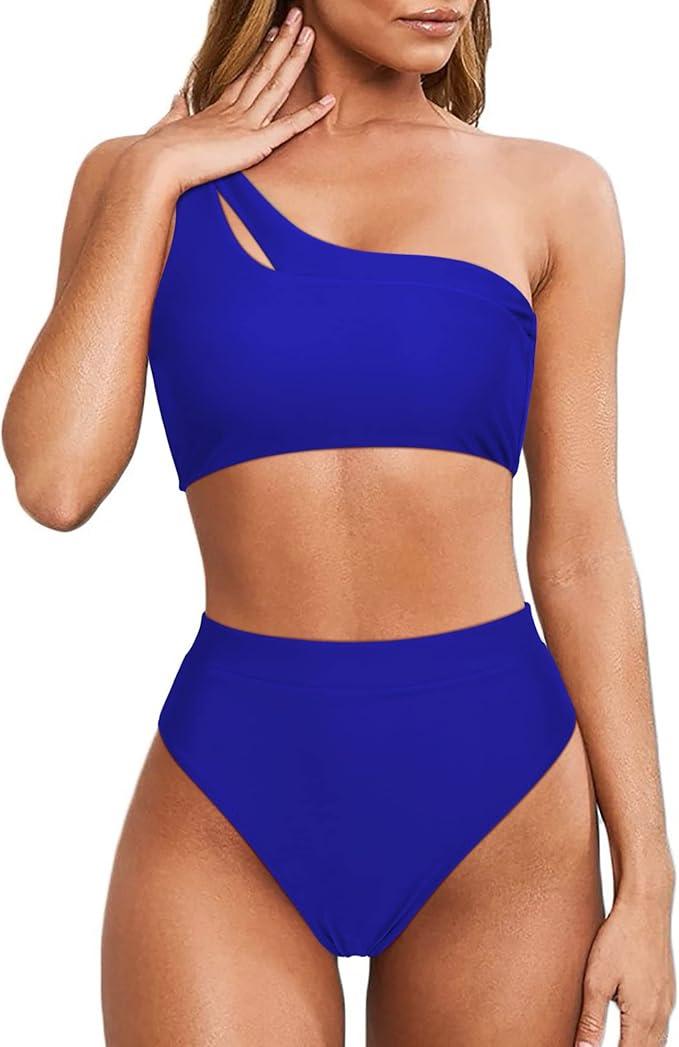 MOOSLOVER Women Cutout One Shoulder High Waisted Bikini High Cut Two Piece Swimsuits (Small, Blue)