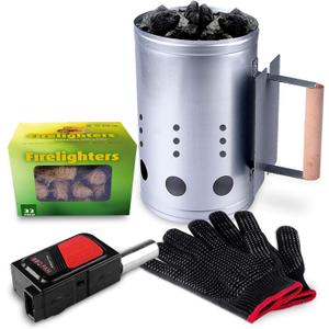 homenote Rapid Charcoal Chimney Starter Set Fireplace Accessories Lighter Cubes BBQ Heat Resistant Gloves Blower BBQ Tools11.5" x 7" x 7"