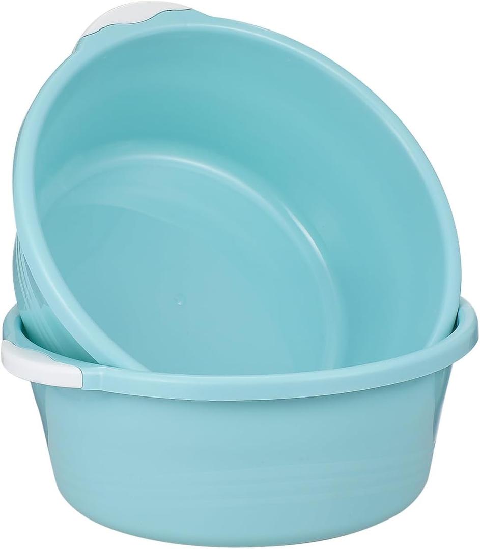 ULTECHNOVO 2 Pack Plastic Wash Basin, Large Round Dishpan for Hand Washing Clothes, Laundry Tub for Soaking Feet, Face & Baby Bottles, Portable Camping Sink Bowl, Blue (38.5*32.5cm)