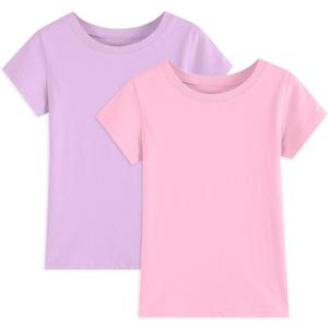 2 Pack Girls/Toddlers Cotton T-Shirts Crewneck Short Sleeve Summer Tops Kids Clothes Tees (13-14 Years, Lavender Purple/Pink)