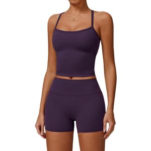Two Piece Workout Sets For Women Tank Top Matching High Waist Booty Lifting Shorts Gym Yoga Active Wear Outfits (Large, Dark Purple)