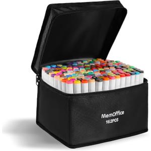 MemOffice Marking ink 162 Colors Dual Tip Artist Alcohol Markers Set with Carrying Case - Perfect for Coloring, Drawing, Sketching, Card Making and Illustration - Perfect for Adults