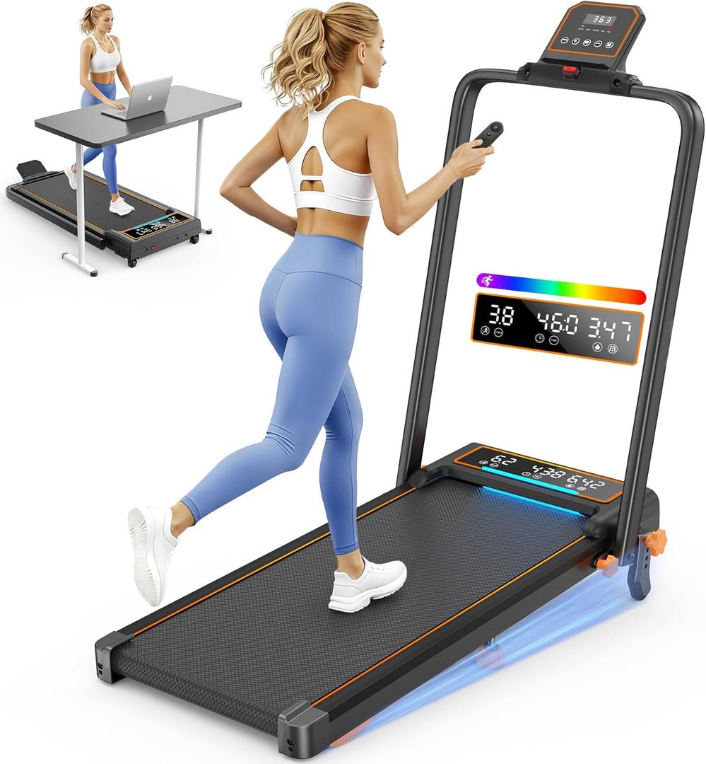 Walking Pad with 15% Incline & Dual LED Display, 3.5HP Foldable Walking Pad Treadmill, 4 in 1 Walking Pad with Handle Bar, Portable Treadmills for Home 350LBS, 4 Adjustable Incline, RGB Light (12% Incline Panel Control+Dispaly)