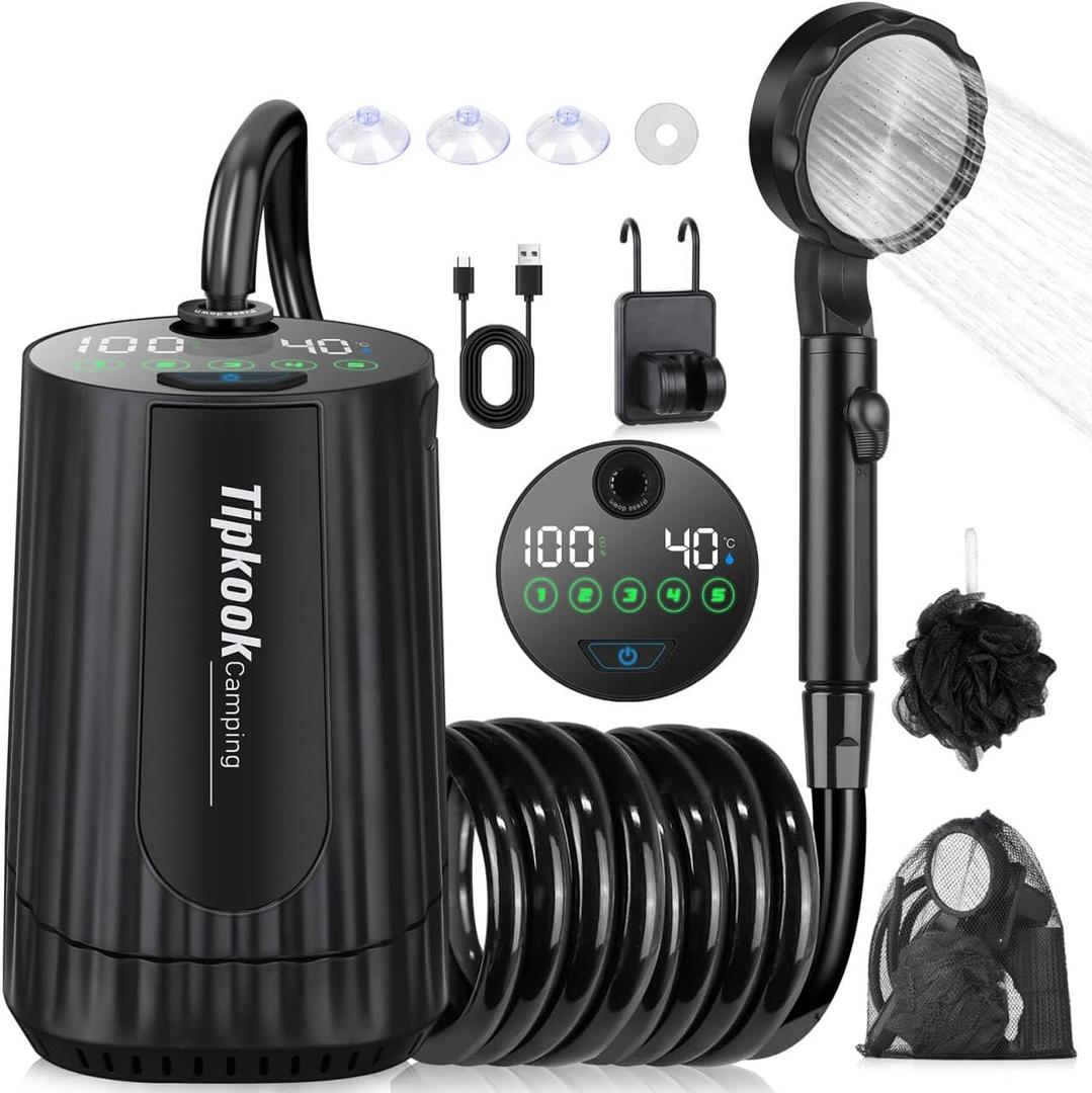 Portable Shower for Camping Essentials: 10000mAh Rechargeable Battery Powered Shower, IPX8 Waterproof Camp Shower Pump, 5-Speed Outdoor Shower with LED Display, Camping Gifts for Men, Dog Bath, Hiking (Black)