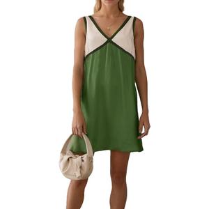 Summer Aesthetic Satin Beach Dress Women's Casual Sleeveless Maxi V Neck Color Block Dresses (Green-Large)
