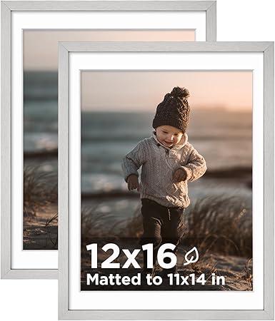 KINLINK 12x16 Picture Frame Silver, Wooden 16x12 Photo Frames with Plexiglass for 11x14 Picture with Mat or 12x16 Without Mat, Perfect for Art Wall and Tabletop Display 12 x 16 frame Set of 2