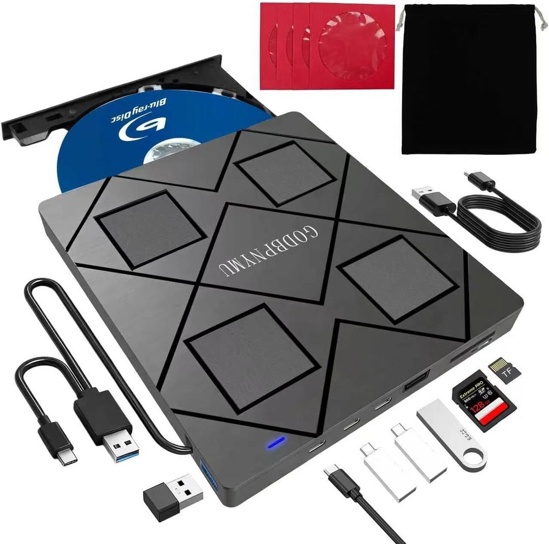 8-in-1 External Blu-ray Drive: 2 USB + USB-C Ports, TF/SD Card Reader, Laptop BD/CD/DVD 3D Player, bluray Burner External,Compatible Windows 11/10/8/7/Mac OS. +1+4 Storage Bag
