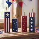 4th of July Decorations, 4Pcs Red White and Blue Decorations, Rustic Patriotic Decorations for Memorial Day, Retro Patriotic Decor Tiered Tray Decor, Fourth of July Decor for Home Office Shelf