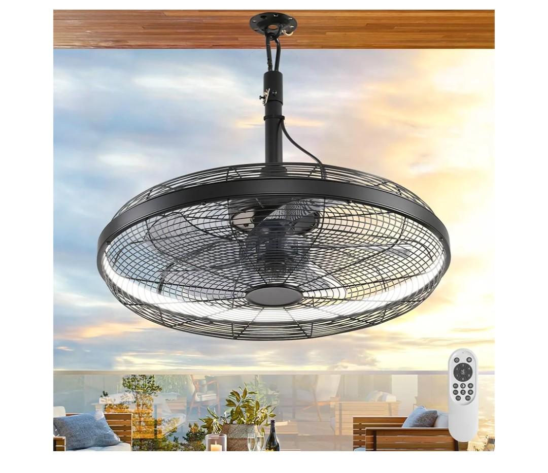 Outdoor Ceiling Fans with Lights, 20'' Gazebo Fan, Plug in Ceiling Fan for Patios, Pergola, Ceiling Fan with Remote Control, Hanging with Hook, Black