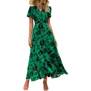 PRETTYGARDEN Women's Boho Floral Maxi Dress Summer Short Sleeve Wrap V Neck Long Flowy Beach Vacation Wedding Guest Dresses (Green, XS)