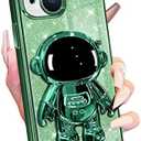 Buleens for iPhone 13 Case Astronaut, Clear Cases for iPhone 13 with Glitter Paper & Spaceman Stand, Women Girls Cute Electroplated Sparkly Space Phone Cover for 13 Green