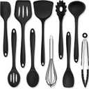 TeamFar Silicone Cooking Utensils, 10 pcs Kitchen Cooking Utensils Set, 446F Heat Resistant Kitchen Gadgets Tools Set w/Spatula, Turners, Spoons, Soup Ladle, Pasta Server for Nonstick Cookware, Black