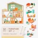 Giant bean Large Wooden Dollhouse with 32 Pcs Furniture Accessories, 3-Story Doll House 5 Rooms Balcony Wooden Stairs, Ideal Dollhouse Toy for Kids Ages 3+, 30" H x 28" L x 13" W