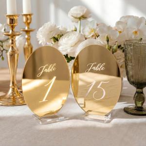 Novabright Oval Wedding Table Number Plates 1-15 with Transparent Stand - 5x7 Inch Acrylic Mirror Gold Table Number Signs Holders, Suitable for Wedding Receptions, Parties, Anniversaries and Events