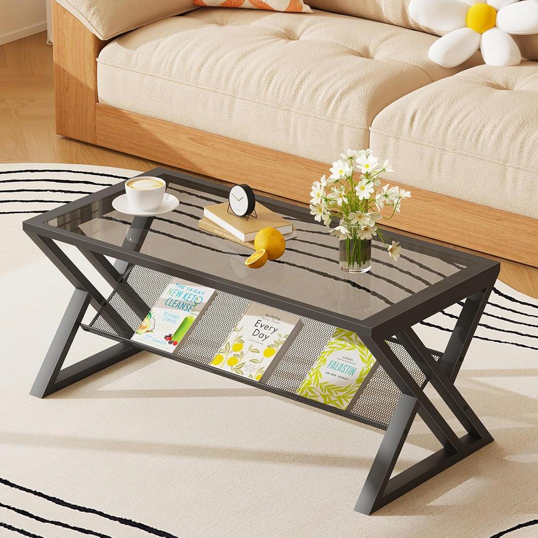 Glass Coffee Table Living Room Table with Storage Shelf, Grey Glass Table Simple Modern Rectangular Tables with Sturdy Black Metal Frame,Industrial Glass Coffee Table for Bedroom Home Office