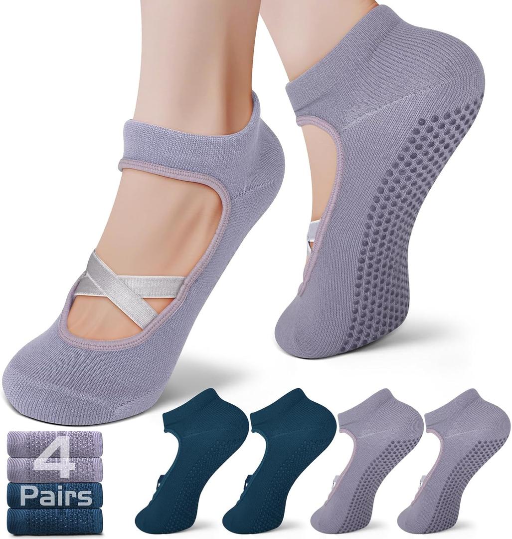 Pilates Socks with Grips for Women  Non-Slip Grip Socks for Pilates, Yoga, Barre & Dance (4-10 Short, Dark Blue and Purple)