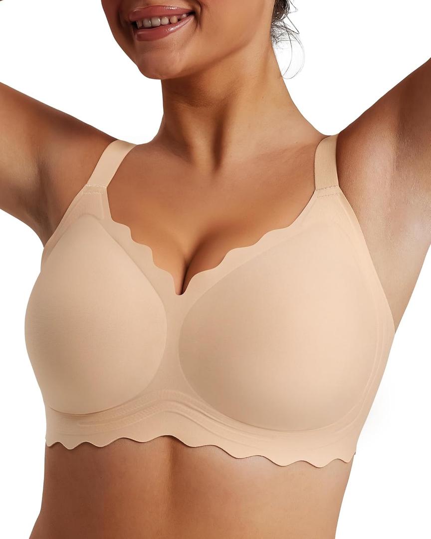 Womens Full Coverage Wire Free Bra - Plus Size Bras with Support and Lift Scalloped Everyday Comfort Bralettes (X-Large, Nude)