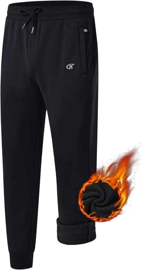 QPNGRP Men's Winter Fleece Lined Stretch Sweat Pants Zipper Pocket (Black, L)