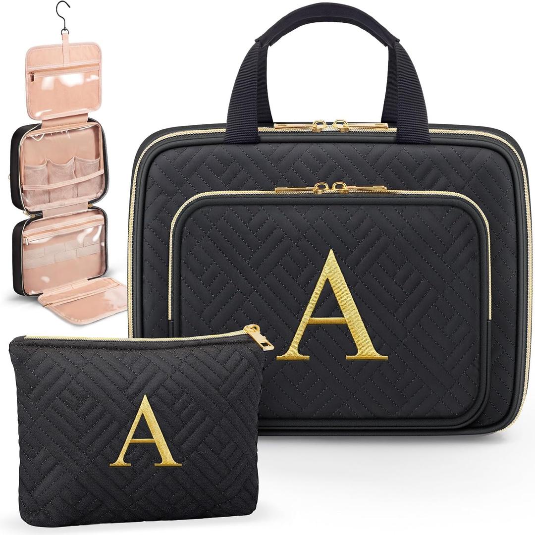 Gifts for Women, Initial Toiletry Makeup Bag Hanging Cosmetic Organizer with Embroidery Letter Personalized Nurse Teacher Appreciation Birthday Valentines Day Gifts for Mom Sister Wife Friends Auntie