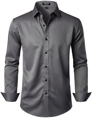 JEMITOP Men's Stretch Wrinkle Free Dress Shirts Formal Wedding Prom Slim Fit Long Sleeve Button Down Shirt L