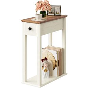 CHOEZON Farmhouse End Table, 2-Tier Narrow Side Table with Drawer, Wooden Nightstand, for Small Space, Living Room, Bedroom, Cloud White and Walnut MBZ13WL