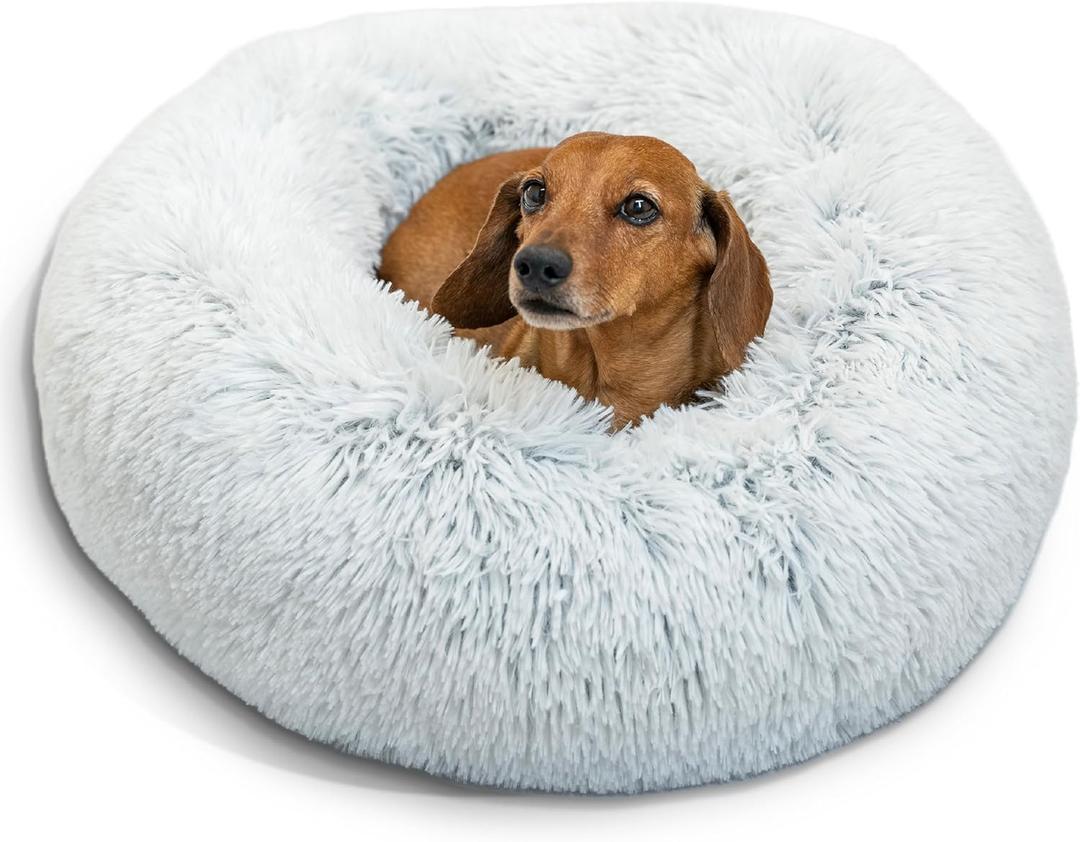 Best Friends by Sheri Original Calming Donut Dog and Cat Bed, Shag Faux Fur, Frost Gray, (23in x 23in) - Anxiety Relief for Pets Up to 25 lbs (Small)