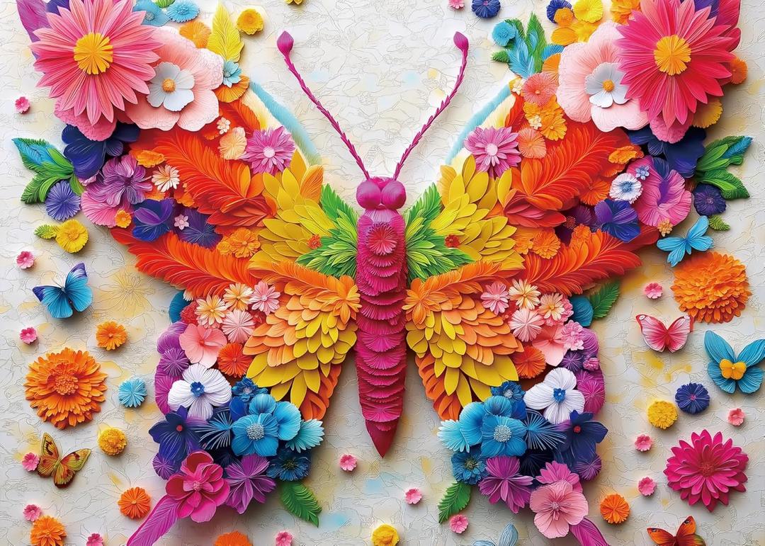 BUHAH 3D Colorful Butterfly Flower Puzzles for Adults 1000 Pieces Beautiful Floral Art Jigsaw Puzzles Impossible Challenging Aesthetic Puzzle as Family Game Decor