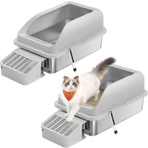 Feandrea 2 Pack Stainless Steel Cat Litter Boxes with Open Top, High Sided Litter Trays with Step, Scoop, Brush, for Cats up to 33 lb, Light Gray UPPT012GD01