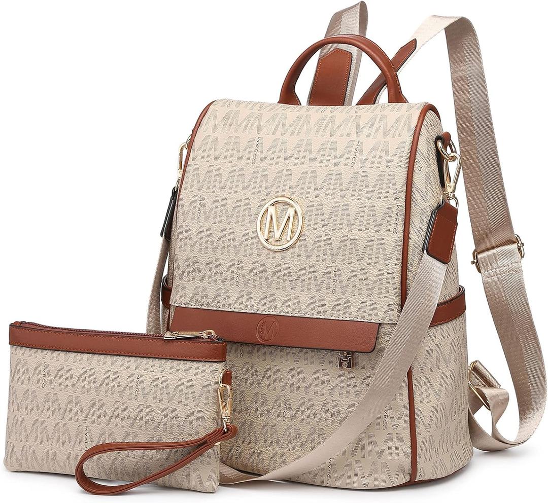 MKP Women Fashion Backpack Purse Multi Pockets Signature Anti-Theft Rucksack Travel Ladies Shoulder Bag Handbag 2Pcs (Beige)