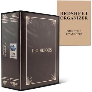 Diodidious Bedsheet Organizer for Linen Closet, Foldable Faux Leather Book-Style Storage Box with Label Window, Decorative Bedding and Sheet Organizer for Queen & King Sets, Brown
