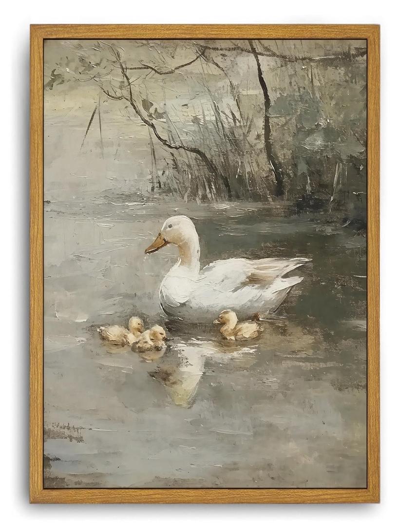 Framed Vintage Duck Canvas Wall Art, Farmhouse Animal Pictures Wall Decor, Rustic Country Nature Paintings Prints Cottagecore Home Decor Artwork for Living Room Bedroom Bathroom 16x24in