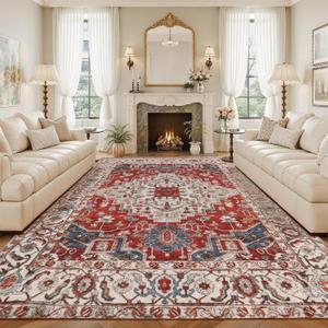 8x10 Washable Area Rug, Low-Profile Large Area Rug with Non-Slip Backing & Durable Edge Binding, Vintage Large Rugs for Living Room, Bedroom, Dinning Room, Red