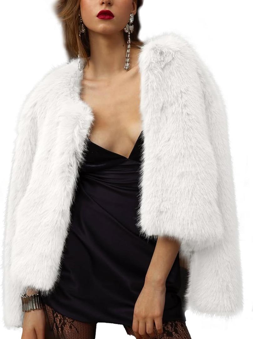 Shiyifa Women's Faux Fur Coat Long Sleeve Fleece Cropped Jacket Open Front Shaggy Warm Short Fall Winter Outerwear (White, M)