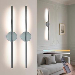 Wireless Wall Sconces Set of 2 28Inch Battery Operated Wall Lights with Remote Control360Rotate Dimmable led Wall Lamp for Living Room and Hallway (Chrome)
