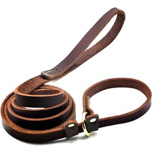 Real Leather Slip Lead Dog Leash, Adjustable Stitched Pet Slip Leads with Slider, Heavy Duty Flat Dog Training Leashes for Medium and Large Dogs, 5ft Long by 0.7" Wide, Brown