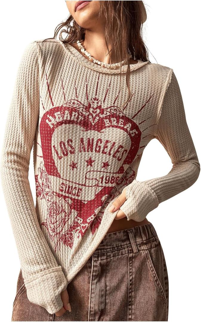 Women's Letter Graphic Tees Waffle Knitted Crew Neck Long Sleeve T Shirts Crop Tops (Beige, S)