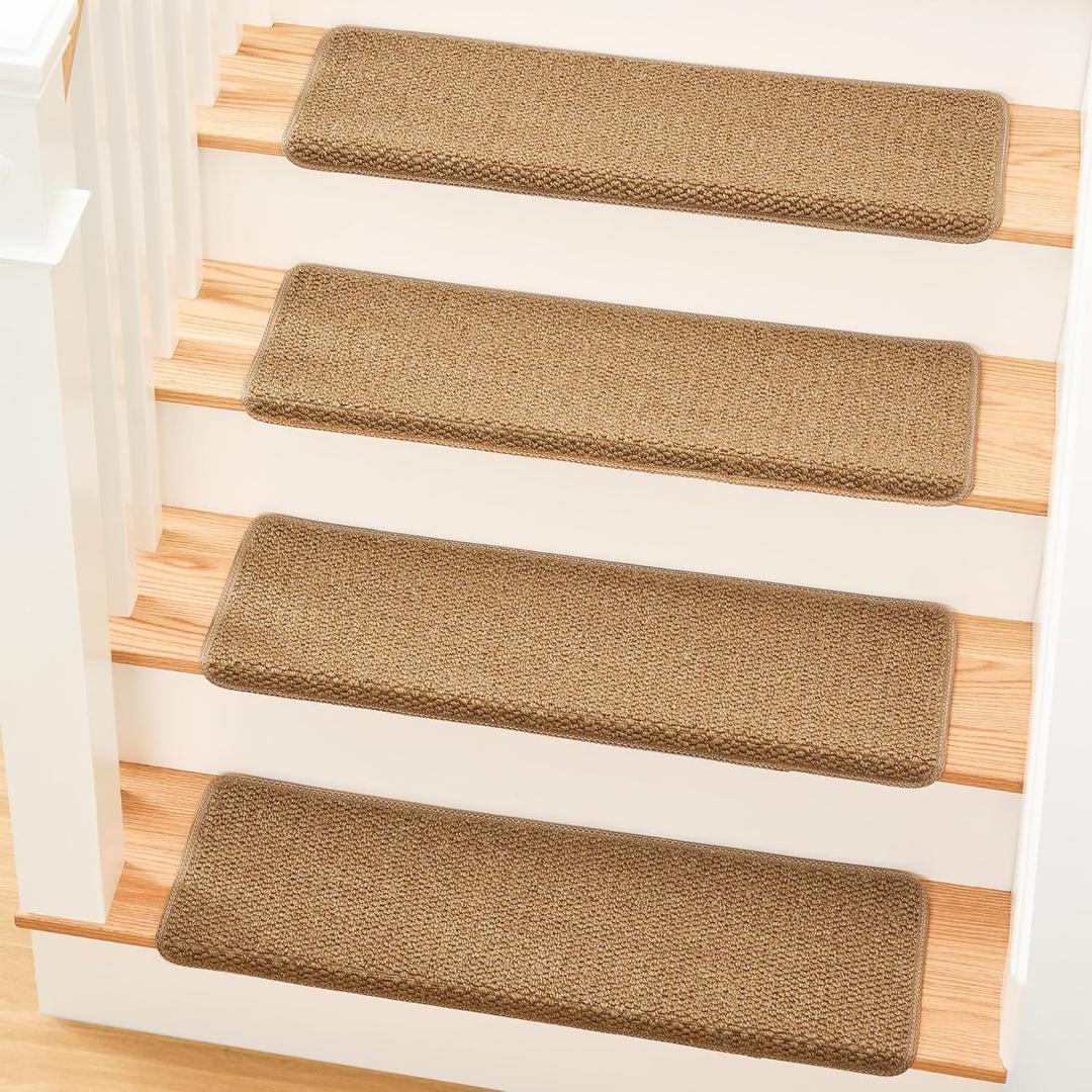 MBIGM Bullnose Non-Slip Stair Treads w/Reusable Adhesive 14 Pack 9.5" x 30" Wooden Steps Protection - TPU Backing with Steel Reinforcement - Anti-Slip Solution Knitted Camel Non Slip Stair Tread