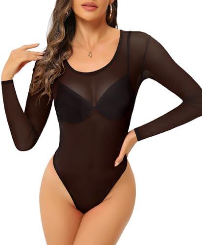 ZNVGIRL Womens Mesh Bodysuit Long Sleeve Top Crew Neck Sheer T Shirt Body Suit Leotard Blouse Small