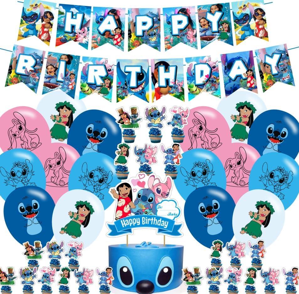 2 x Stittch Party Supplies,Cartoon Stittch and Angel Birthday Party Decorations Banner,Cake Toppers,Balloons for Cartoon party Decoration