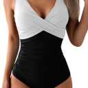 Eomenie Women's One Piece Swimsuits Tummy Control Ruched Push Up Bathing Suit Tie Back Slimming Swimwear (Large, White and Black)